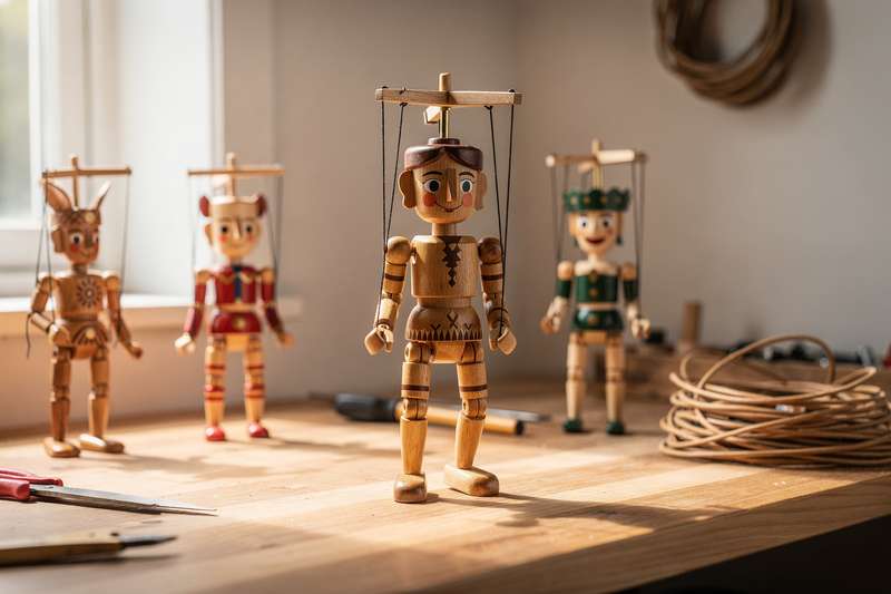 Eine Frau führt eine bunte Holzmarionette mit Fäden auf, während sie konzentriert auf die Bewegungen achtet.
