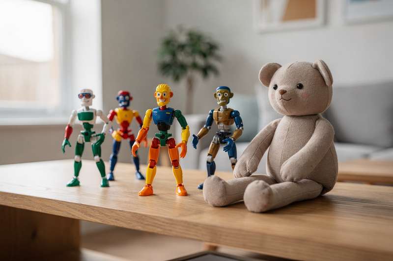 Kind manipuliert bunte Biegefiguren mit gelenkigen Armen und Beinen in verschiedene Positionen.