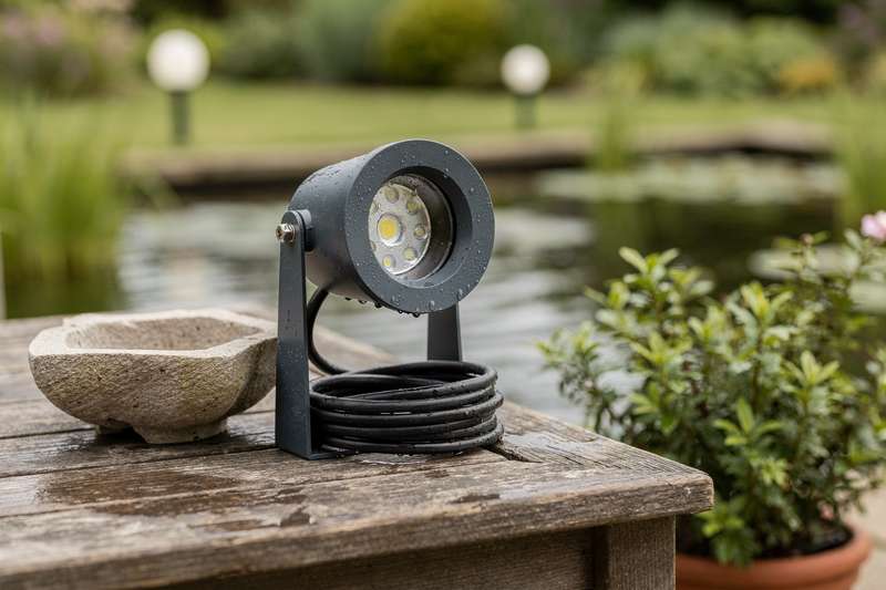Person installiert eine moderne Teichleuchte in einem grünen Gartenteich am Abend.