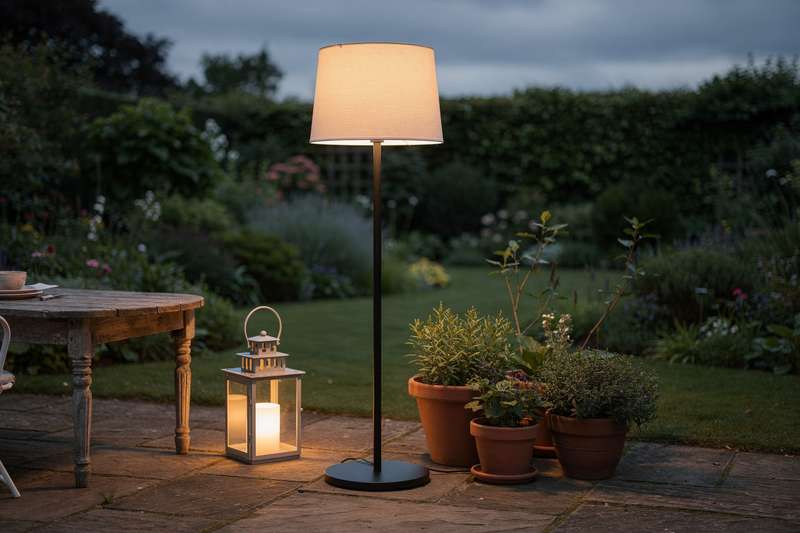 Eine moderne Außen-Stehlampe beleuchtet abends einen gemütlich eingerichteten Terrassenbereich mit Sitzmöbeln.