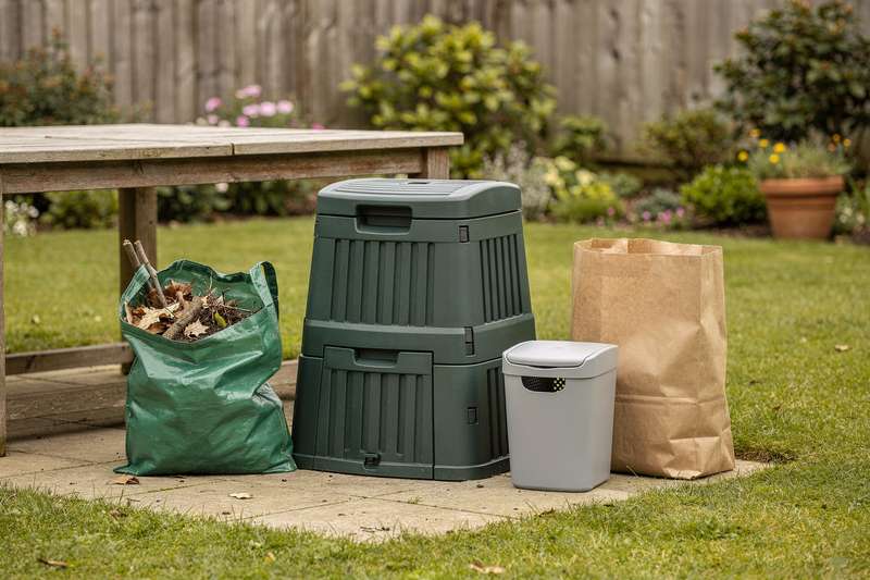 Hände beim Umfüllen von Gartenabfällen in einen modernen Kompostbehälter aus Kunststoff.