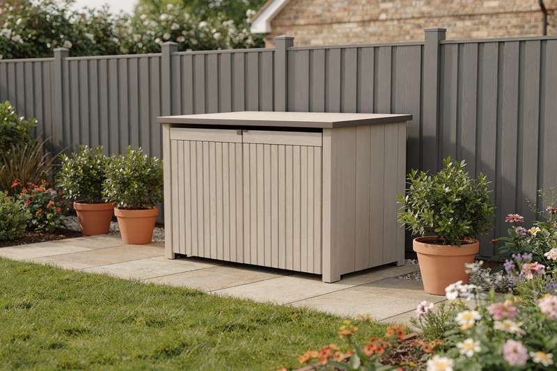 Aufgeräumte Gartenecke mit einer modernen Mülltonnenbox aus Holz, neben der Hecke platziert.