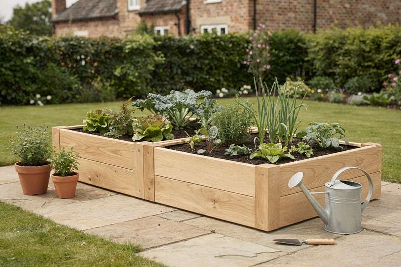 # Hochbeet für den Gemüseanbau auf einer britischen Terrasse mit regnerischem Wetter.