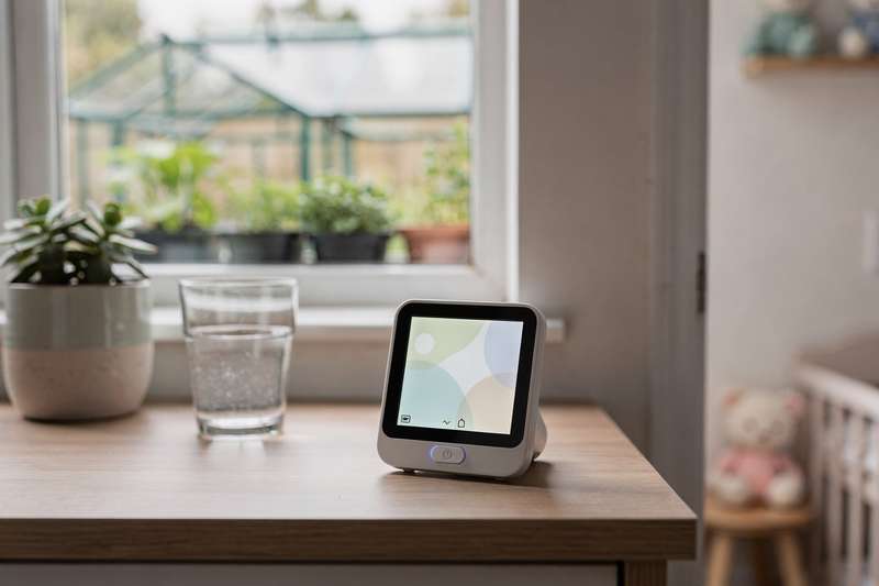 Digitales Hygrometer zeigt die Luftfeuchte im hellen Wohnzimmer an, während eine Person es in der Hand hält.
