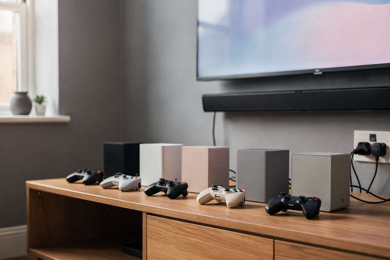 Familie sitzt gemeinsam auf dem Sofa und spielt mit Wireless-Controllern an einer Spielekonsole im Wohnzimmer.