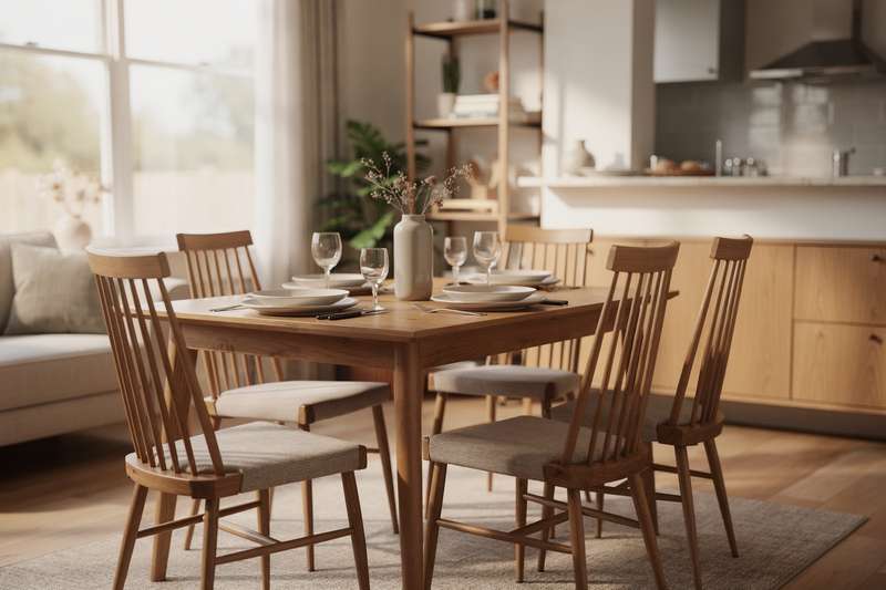 Familie sitzt beim Abendessen zusammen am Holztisch im gemütlich beleuchteten Esszimmer.