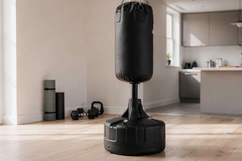 Sportler trainiert mit Boxhandschuhen an einem freistehenden Boxsack im heimischen Trainingsraum.