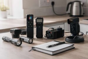 Forscher überprüft digitales Messinstrument zur Erkennung übernatürlicher Aktivitäten in dunklem Raum.