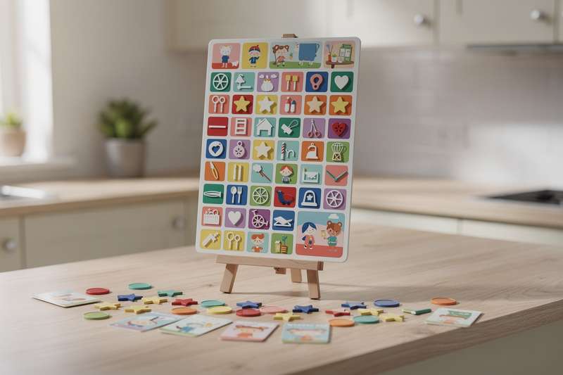 Mutter klebt bunte Sternaufkleber auf eine Belohnungstafel, während ihr Sohn zuschauen lässt.
