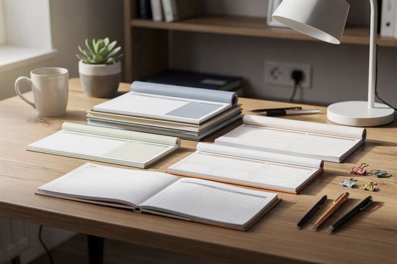 Person schreibt mit Stift Notizen in einen Planungsblock auf ihrem Schreibtisch.