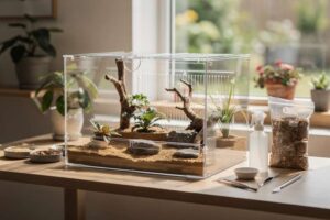 Terrariumlandschaft mit Natursteinen, Pflanzen und Verstecken für Reptilien und Insekten.